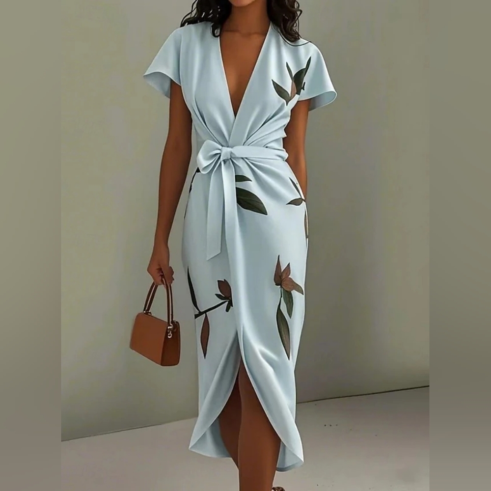 Fehaute Leaf Short Sleeve Satin Wrap Sheath Midi Dress Blue